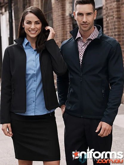 Two people wearing stylish work uniforms with the Selwyn Jacket for professional look