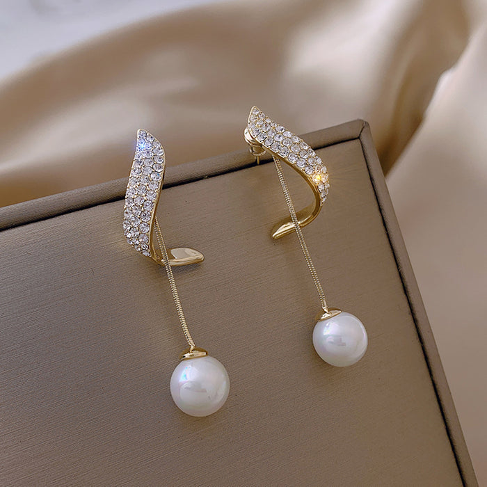 Shiny Golden Crystal Pearl Pendant Drop Long Tassel Elegant Fashion Jewelry Earrings