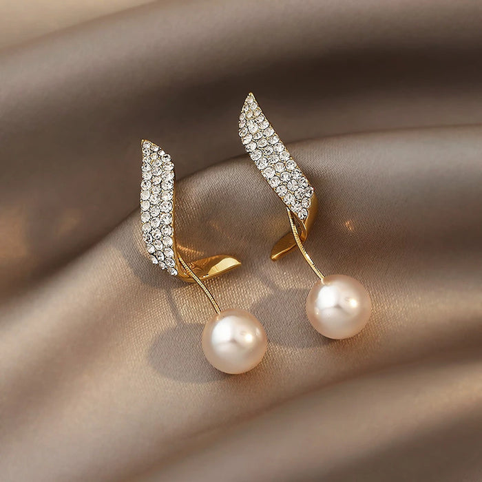 Shiny Golden Crystal Pearl Pendant Drop Long Tassel Elegant Fashion Jewelry Earrings
