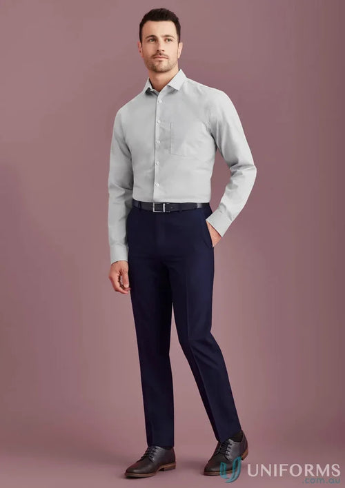 Man in dress shirt and trousers wearing Siena Slimline Flat Front Pant with 4cm hem allowance