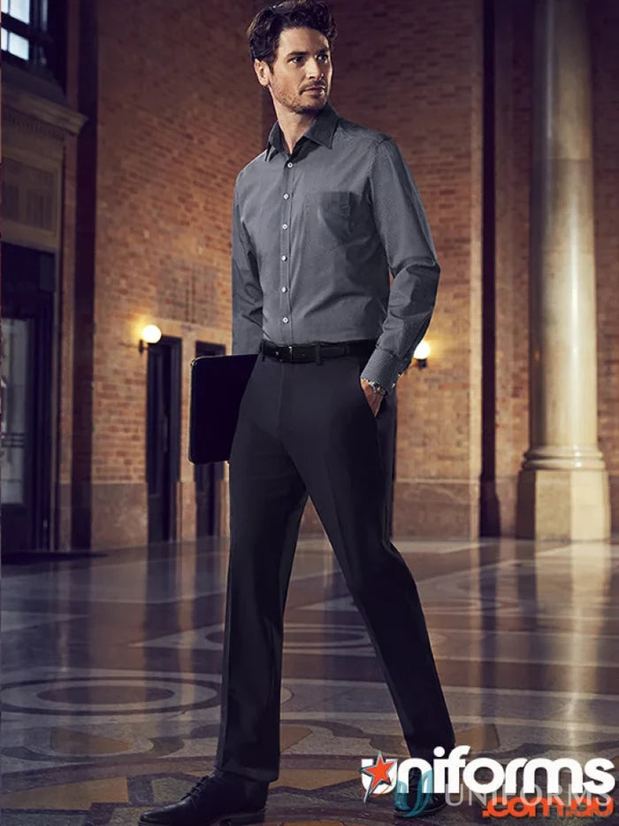 Men’s Siena Slimline pant with gray dress shirt and 4cm hem allowance