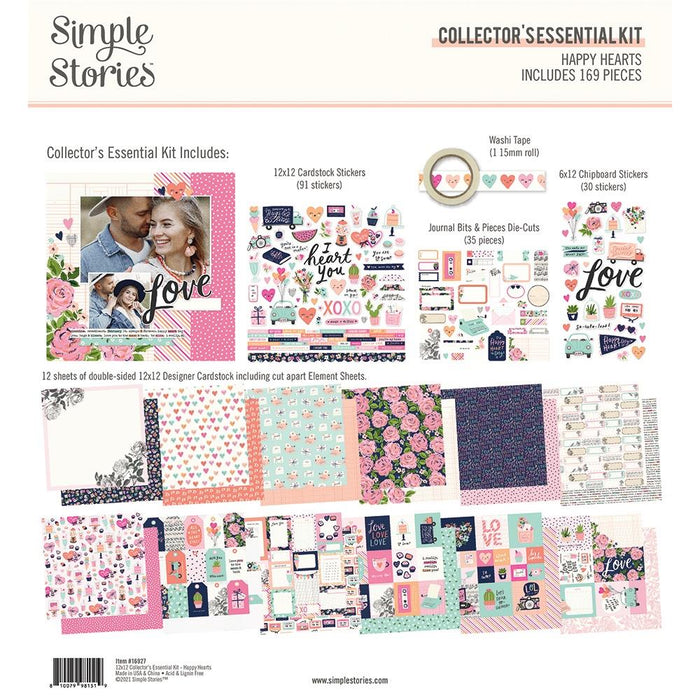 Simple Stories - Collector's Essential Kit 12"X12" - Happy Hearts. Make your scrapbooking project stand out! This package contains 12 sheets of double-sided 12x12 Designer Cardstock including cut apart Journal, Tags and Element Sheets and a 12x12 Cardstock Sticker Sheet (91), Journal Bits (35), 6x12 Chipboard (30), Washi Tape (1). Acid and lignin free. Made in USA. Available at Embellish Away located in Bowmanville Ontario Canada.