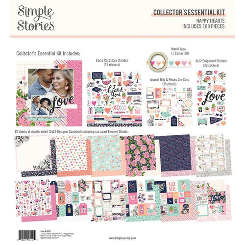 Simple Stories - Collector's Essential Kit 12"X12" - Happy Hearts. Make your scrapbooking project stand out! This package contains 12 sheets of double-sided 12x12 Designer Cardstock including cut apart Journal, Tags and Element Sheets and a 12x12 Cardstock Sticker Sheet (91), Journal Bits (35), 6x12 Chipboard (30), Washi Tape (1). Acid and lignin free. Made in USA. Available at Embellish Away located in Bowmanville Ontario Canada.