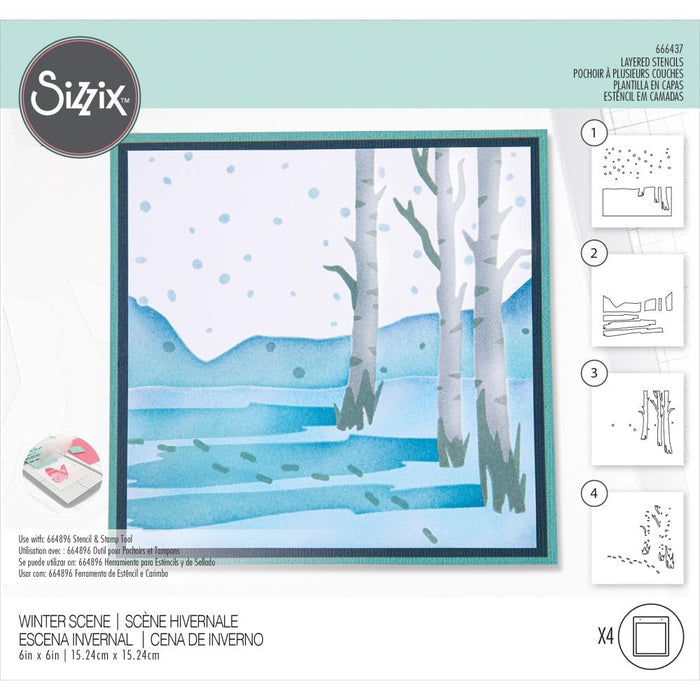 Sizzix - Making Tool Layered Stencil 6"X6" By Olivia Rose - Winter Scenes. Brrr! What a chilly scene, with bare birch trees, flakes falling and deep footprints in the snow this Winter Scene Layered Stencil is perfect for a wintery backdrop. Available at Embellish Away located in Bowmanville Ontario Canada.