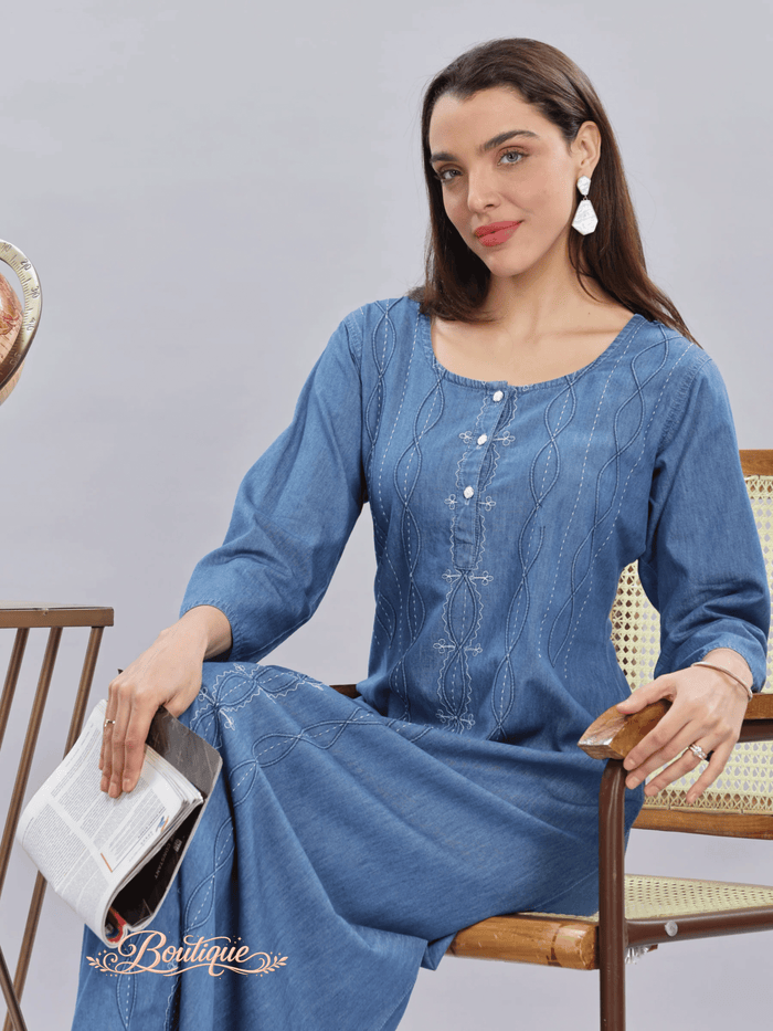 Sky Blue Denim Cotton Maxi Nighty with Elegant Embroidery for Women