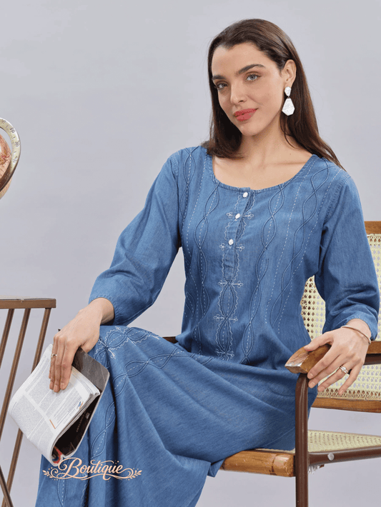 Sky Blue Denim Cotton Maxi Nighty with Elegant Embroidery for Women