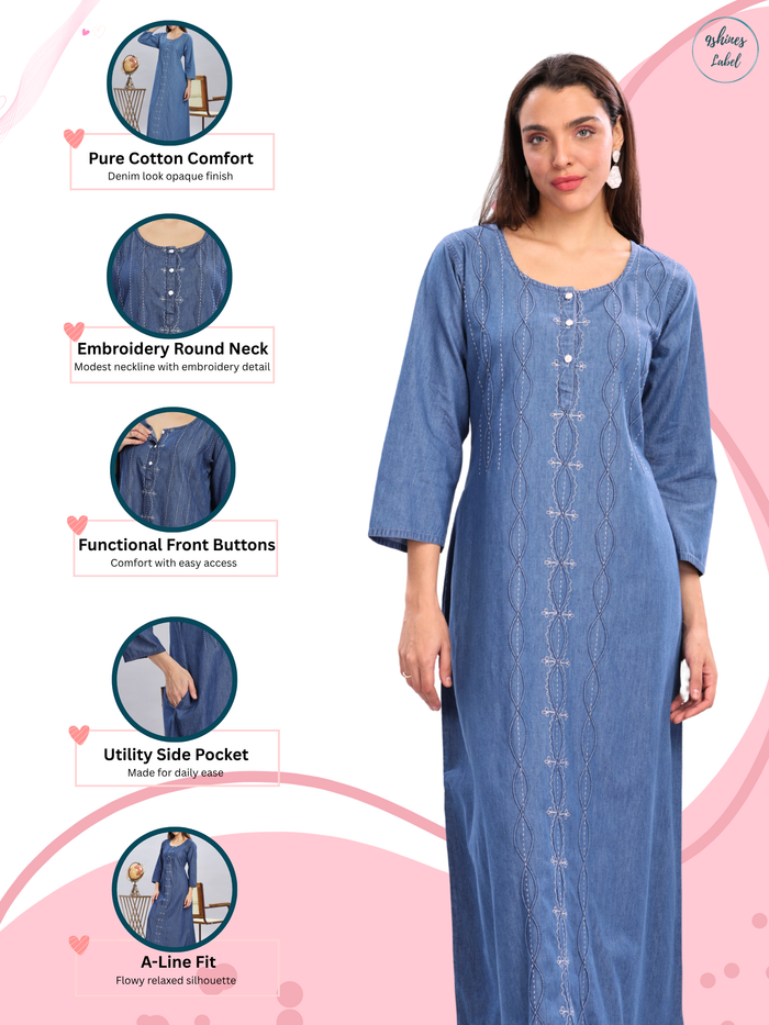 Sky Blue Denim Cotton Maxi Nighty with Elegant Embroidery for Women