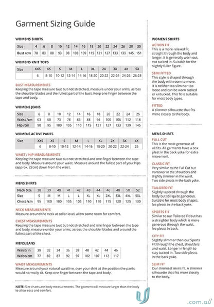 Garment sizing guide for Smart Knit Sleeveless uniforms with stretch for a perfect fit