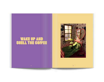 Open book spread: purple page with yellow text and a right page photo of a snail