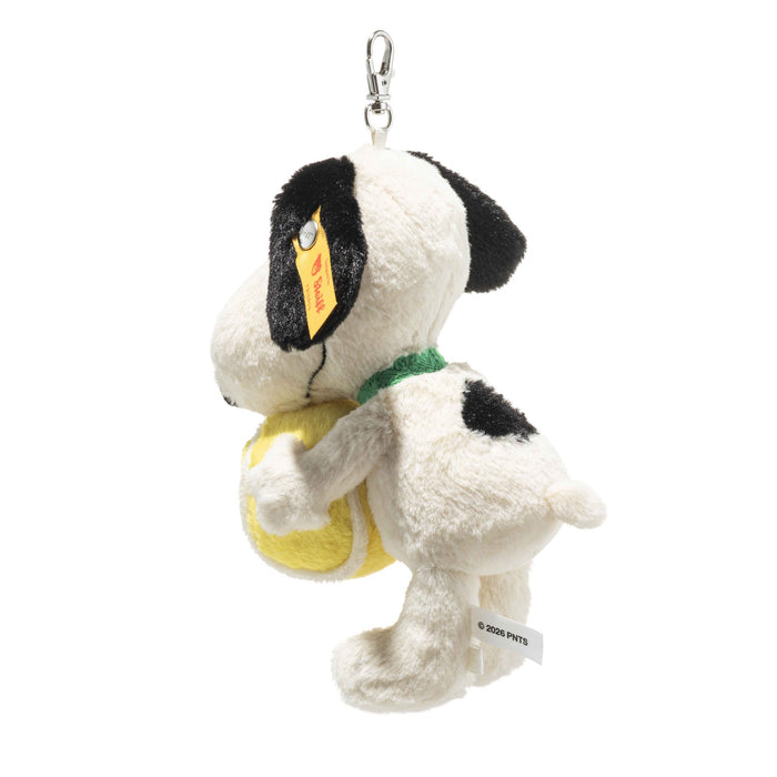 Plush Snoopy-style keychain figure, side view with green collar and yellow tennis ball