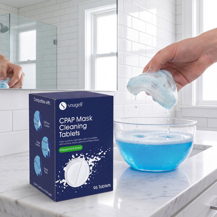 Hand taking a mask out of a bowl next to a box of Snugell CPAP Mask cleaning tablets