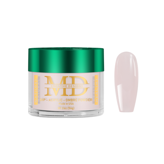 Jar of MD nail powder with a green lid and gold text, next to a light pink nail tip color swatch on a white background.