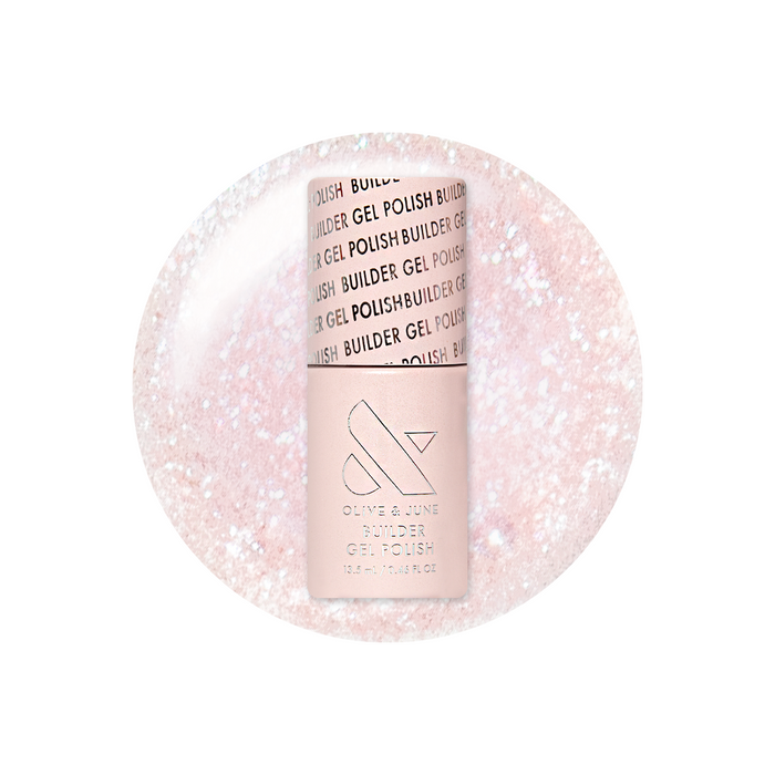 Soft Tint - Builder Gel bottle on sheer blush pink gel polish with silver microglitter for shimmery manicure