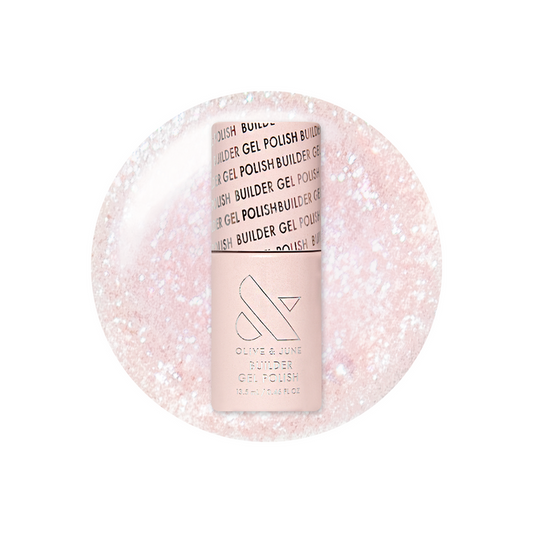 Soft Tint - Builder Gel bottle on sheer blush pink gel polish with silver microglitter for shimmery manicure