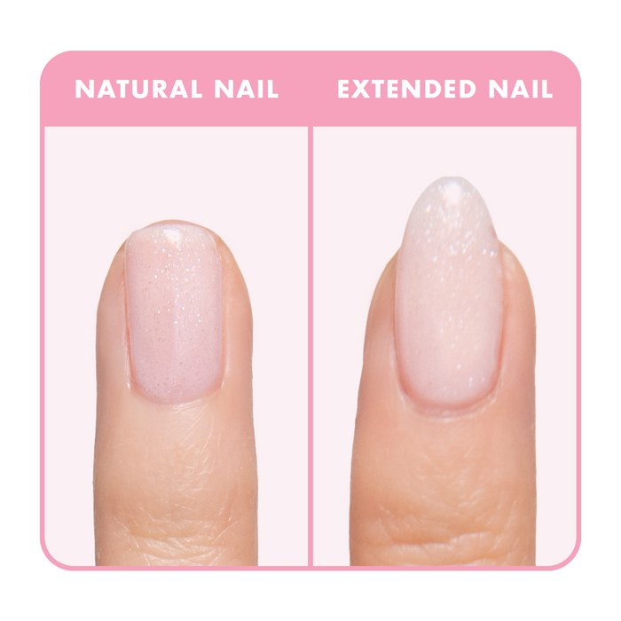 Soft Tint - Builder Gel shown on natural and extended nails with sheer blush pink and fine silver shimmer finish