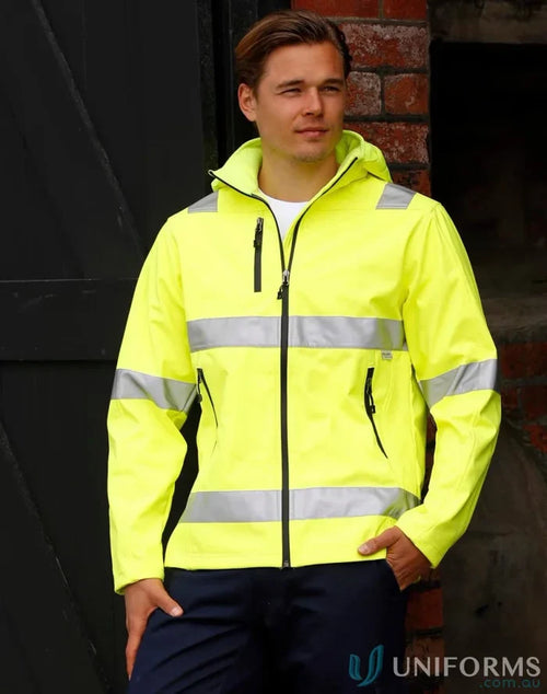 Bright yellow softshell heavy duty safety jacket with reflective stripes for weather protection