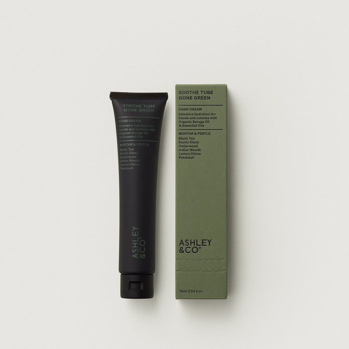 Soothe Tube hand cream lotion, dark tube with olive green box