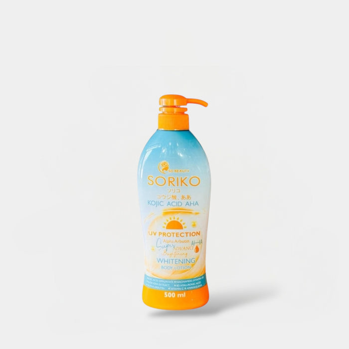 Soriko Kojic Acid AHA UV Protection Whitening Body Lotion 500ml لوشن الجسم المُبيض بحمض كوجيك AHA من سوريكو للحماية من الأشعة فوق البنفسجية