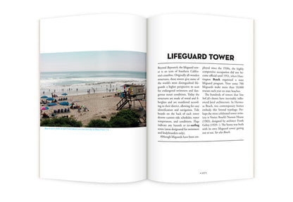 Open photo book with beach scene and lifeguard tower text page layout