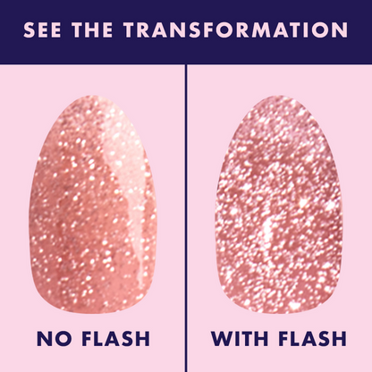 Sparkly Pink Drink Gel showing blush pink gel polish swatch with and without flash for mani transformation