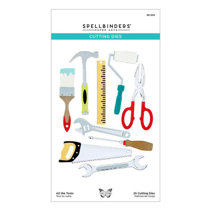 Spellbinders - Etched Dies By Nancy McCabe - Toolbox Essentials - All The Tools. This set includes 25 thin metal cutting dies. It indeed has all the tools from a hammer to a saw and even a ruler! Available at Embellish Away located in Bowmanville Ontario Canada.