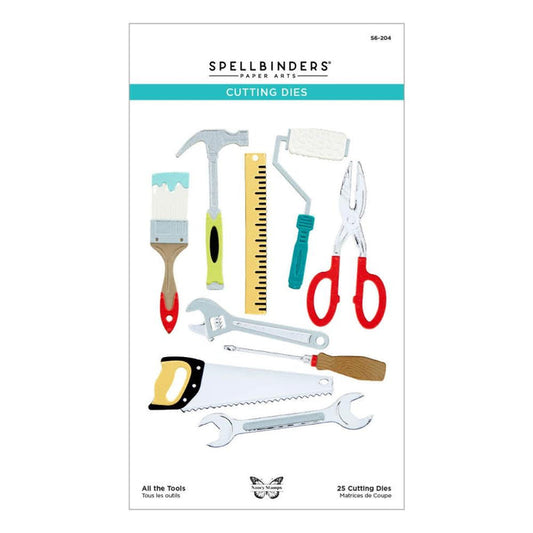 Spellbinders - Etched Dies By Nancy McCabe - Toolbox Essentials - All The Tools. This set includes 25 thin metal cutting dies. It indeed has all the tools from a hammer to a saw and even a ruler! Available at Embellish Away located in Bowmanville Ontario Canada.