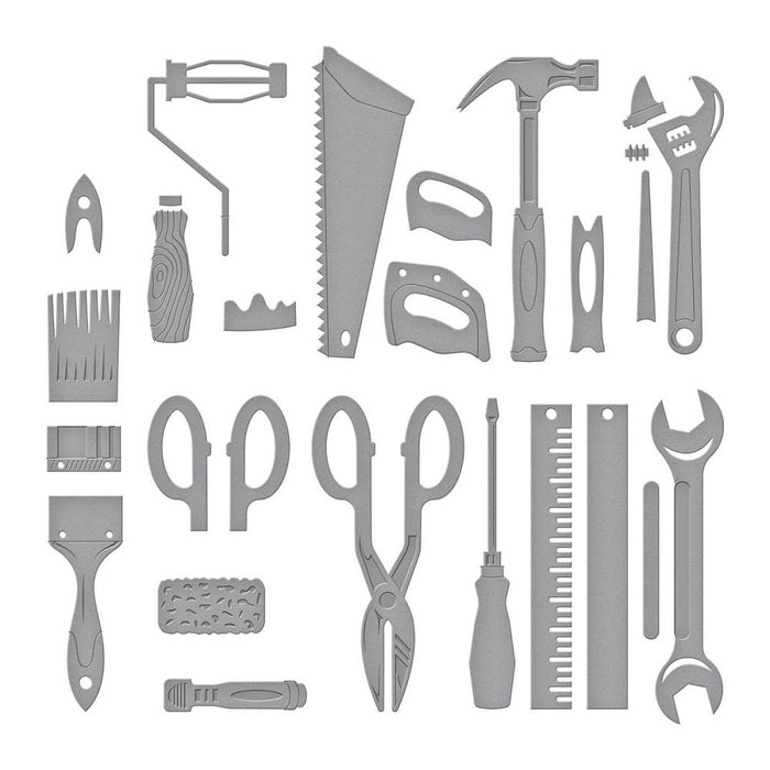 Spellbinders - Etched Dies By Nancy McCabe - Toolbox Essentials - All The Tools. This set includes 25 thin metal cutting dies. It indeed has all the tools from a hammer to a saw and even a ruler! Available at Embellish Away located in Bowmanville Ontario Canada.
