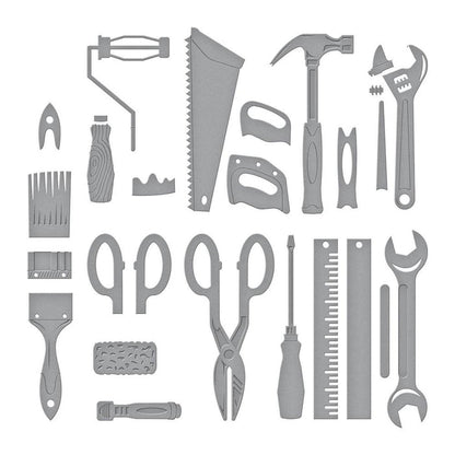 Spellbinders - Etched Dies By Nancy McCabe - Toolbox Essentials - All The Tools. This set includes 25 thin metal cutting dies. It indeed has all the tools from a hammer to a saw and even a ruler! Available at Embellish Away located in Bowmanville Ontario Canada.