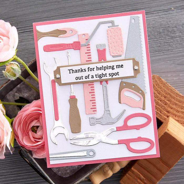 Spellbinders - Etched Dies By Nancy McCabe - Toolbox Essentials - All The Tools. This set includes 25 thin metal cutting dies. It indeed has all the tools from a hammer to a saw and even a ruler! Available at Embellish Away located in Bowmanville Ontario Canada. Example by brand ambassador.