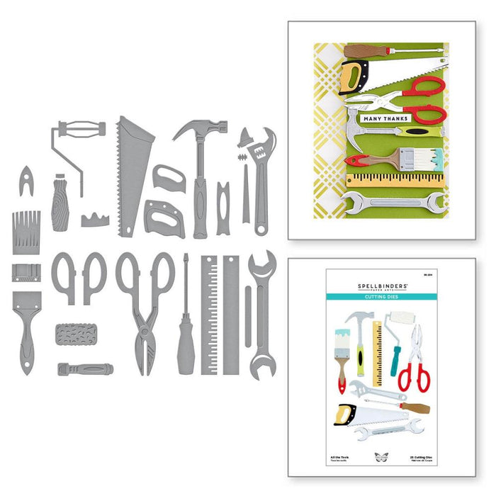 Spellbinders - Etched Dies By Nancy McCabe - Toolbox Essentials - All The Tools. This set includes 25 thin metal cutting dies. It indeed has all the tools from a hammer to a saw and even a ruler! Available at Embellish Away located in Bowmanville Ontario Canada.