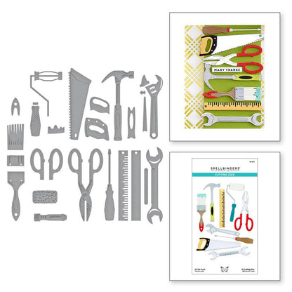 Spellbinders - Etched Dies By Nancy McCabe - Toolbox Essentials - All The Tools. This set includes 25 thin metal cutting dies. It indeed has all the tools from a hammer to a saw and even a ruler! Available at Embellish Away located in Bowmanville Ontario Canada.