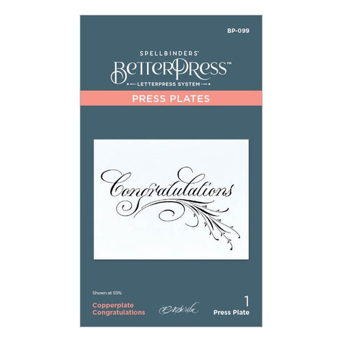 Spellbinders - Press Plate By Paul Antonio - Copperplate - Congratulations. Copperplate Congratulations Press Plate is from the Copperplate Everyday Sentiments Collection by Paul Antonio. Available at Embellish Away located in Bowmanville Ontario Canada.