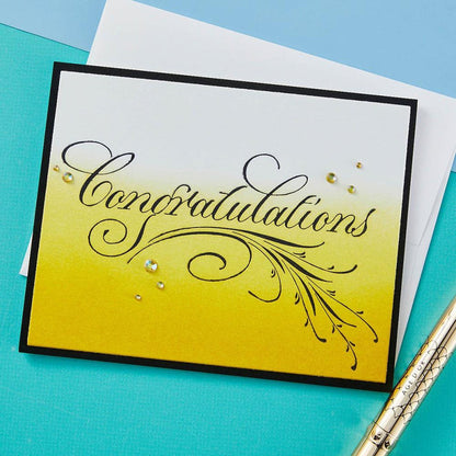 Spellbinders - Press Plate By Paul Antonio - Copperplate - Congratulations. Copperplate Congratulations Press Plate is from the Copperplate Everyday Sentiments Collection by Paul Antonio. Available at Embellish Away located in Bowmanville Ontario Canada. Example by brand ambassador.