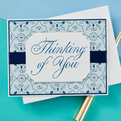 Spellbinders - Press Plate By Paul Antonio - Copperplate - Thinking Of You. Copperplate Thinking of You Press Plate is part of the Copperplate Everyday Sentiments Collection by Paul Antonio. Available at Embellish Away located in Bowmanville Ontario Canada. Example by brand ambassador.