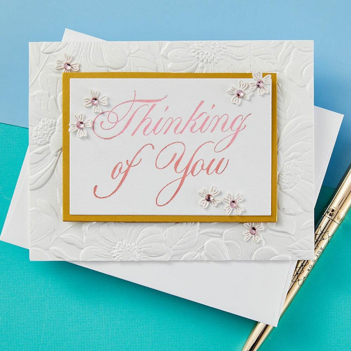 Spellbinders - Press Plate By Paul Antonio - Copperplate - Thinking Of You. Copperplate Thinking of You Press Plate is part of the Copperplate Everyday Sentiments Collection by Paul Antonio. Available at Embellish Away located in Bowmanville Ontario Canada. Example by brand ambassador.
