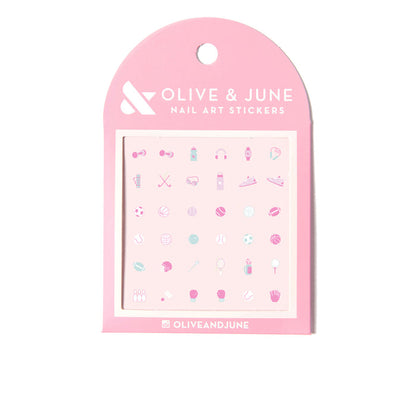 Olive and June Sports Pack nail art stickers featuring mini tennis, basketball, soccer, and sporty accessories for manicures