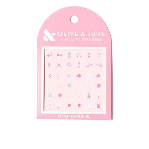 Olive and June Sports Pack nail art stickers featuring mini tennis, basketball, soccer, and sporty accessories for manicures