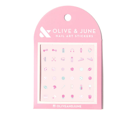 Olive and June Sports Pack nail art stickers featuring mini tennis, basketball, soccer, and sporty accessories for manicures