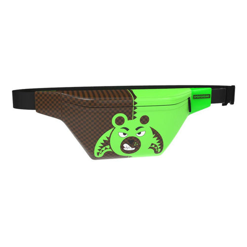 A close-up of the Sprayground Green Money Bear Savvy Crossbody bag featuring a vibrant green color and detailed design elements, identified as model B6863