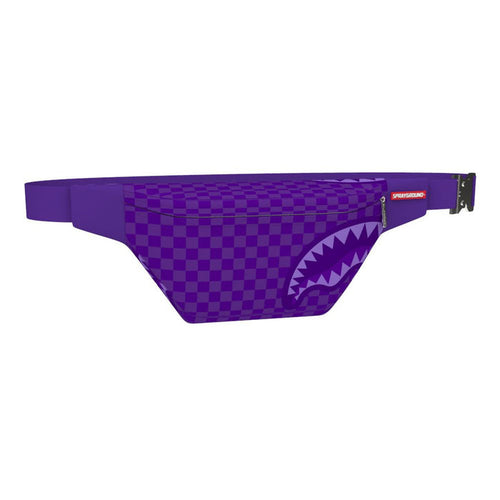 A stylish Sprayground purple sharks in Paris Savvy crossbody bag made of 100% PVC with dimensions 16 x 65 x 2 featuring a vibrant shark design