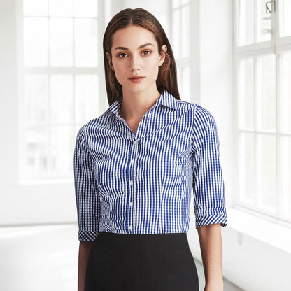 Springfield ladies shirt in blue white gingham 3qtr sleeves