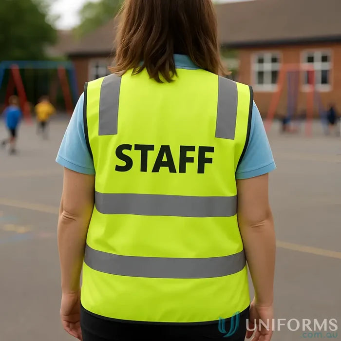 Yellow high-vis printed staff vest with reflective strips from STAFF Printed D+N Safety Vest