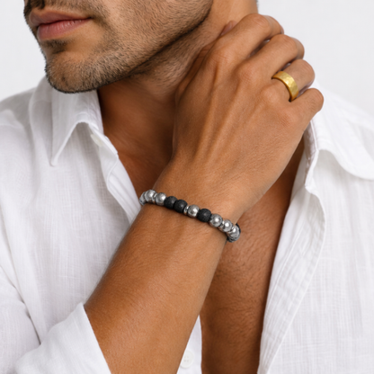 Stainless Steel Silver &amp; Black Metal Bead Bracelet