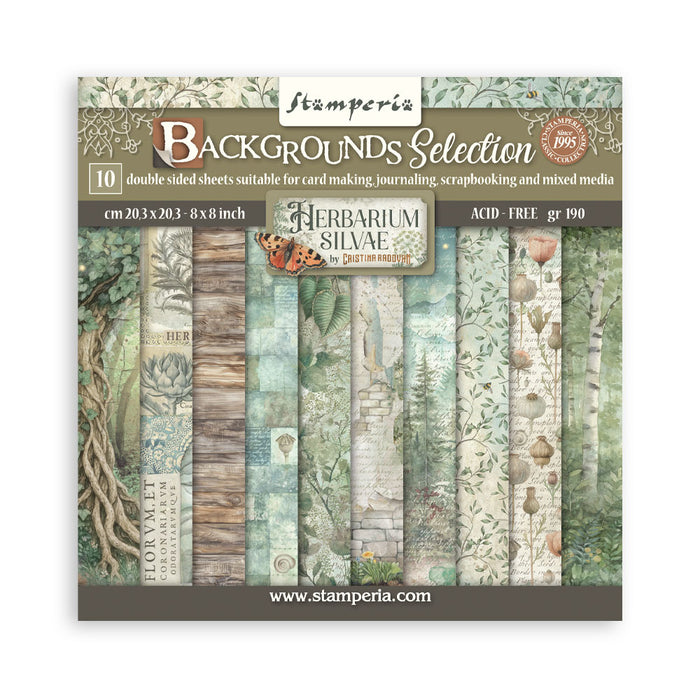 Stamperia - 8"X8" Backgrounds Paper Pad - Herbarium Silvae. Includes 10 sheets double-sided. Available at Embellish away in Bowmanville Ontario Canada.