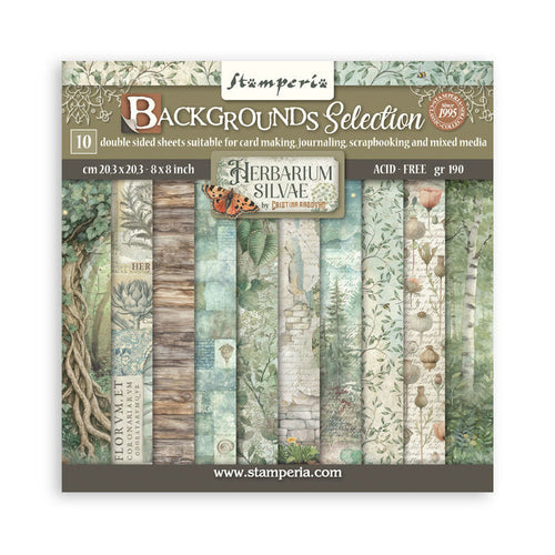 Stamperia - 8"X8" Backgrounds Paper Pad - Herbarium Silvae. Includes 10 sheets double-sided. Available at Embellish away in Bowmanville Ontario Canada.