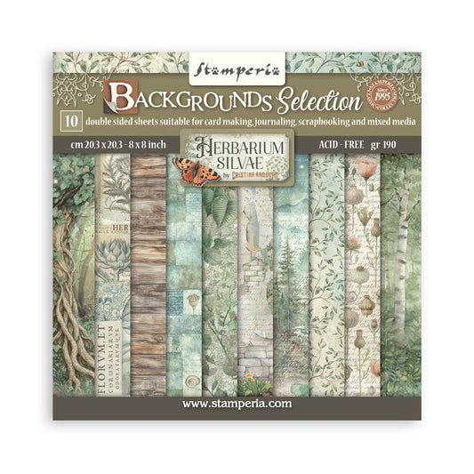 Stamperia - 8"X8" Backgrounds Paper Pad - Herbarium Silvae. Includes 10 sheets double-sided. Available at Embellish away in Bowmanville Ontario Canada.