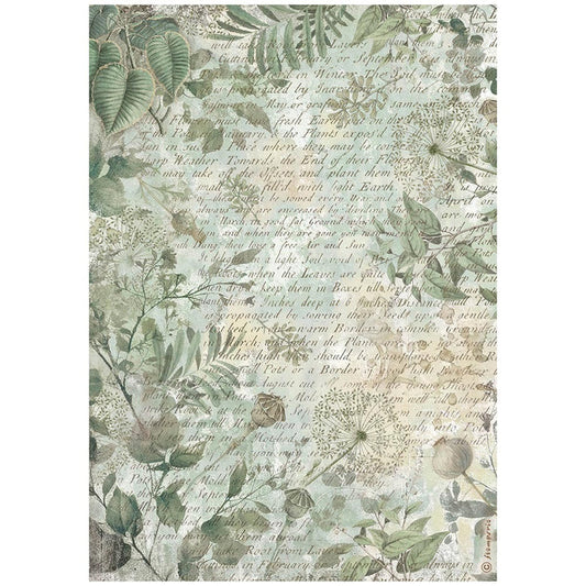 Stamperia - Rice Paper Sheet A4 - Herbarium Silvae - Leaves Background. Available at Embellish Away located in Bowmanville Ontario Canada.
