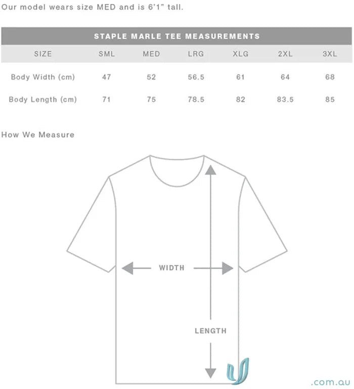 Size chart for AS Staple Marle Tee showing body width and length in cm for S to 3XL