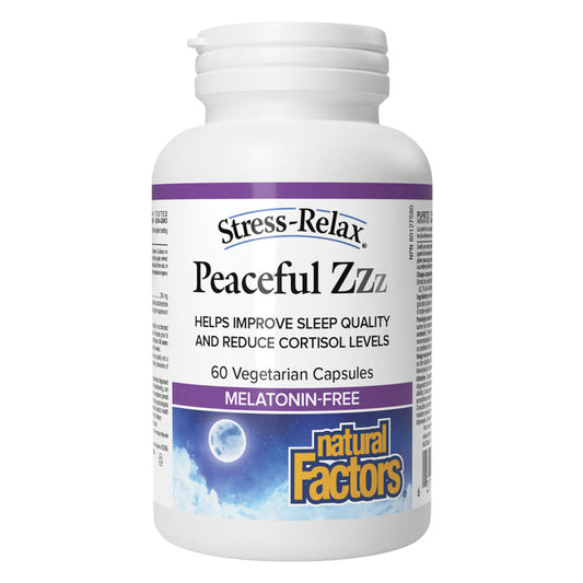 Bottle of Natural Factors Stress-Relax Peaceful ZZZ 60 Vegetarian Capsules