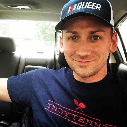 Stripe Queer Trucker Mesh Snapback Hat Navy White on jon scott